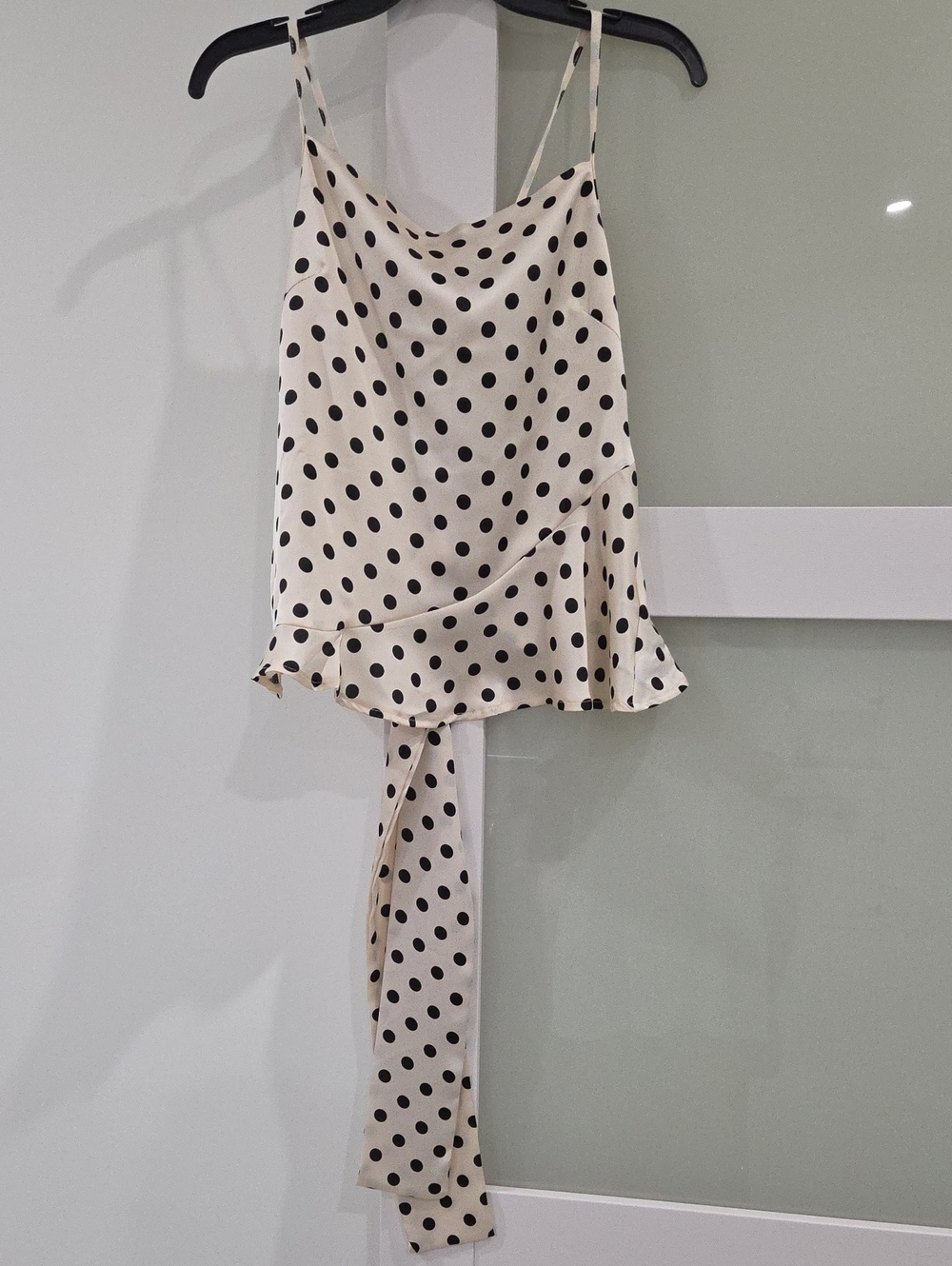 SHEIN Cream Polka Dot Asymmetrical Tie Cami Top with Black Dots